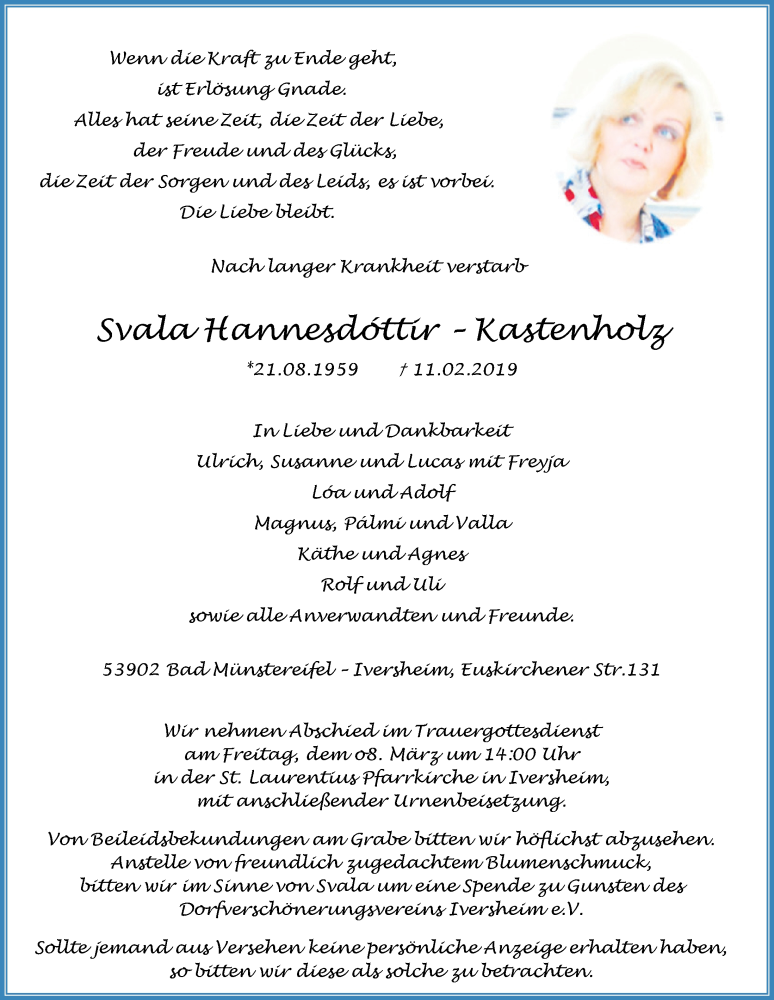  Traueranzeige für Svala Hannesdóttir – Kastenholz vom 23.02.2019 aus  Blickpunkt Euskirchen 