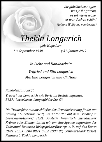Anzeige von Thekla Longerich von Kölner Stadt-Anzeiger / Kölnische Rundschau / Express