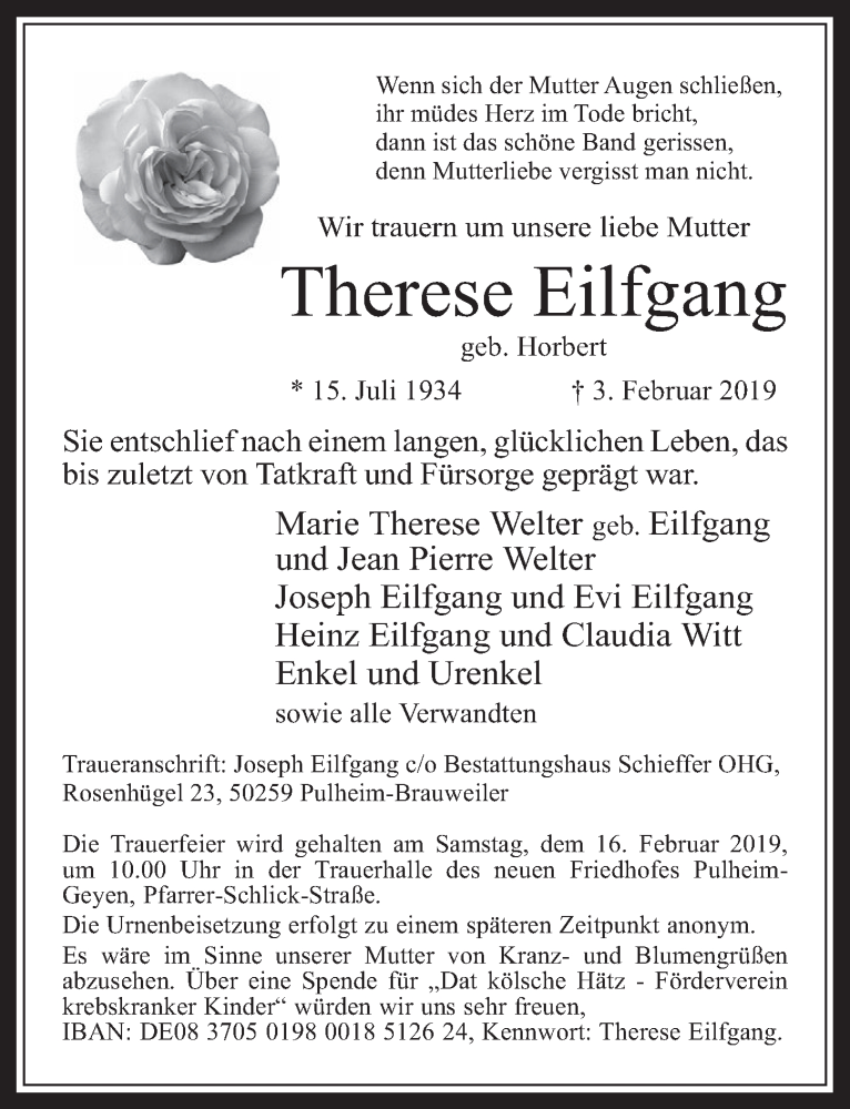  Traueranzeige für Therese Eilfgang vom 13.02.2019 aus  Wochenende 