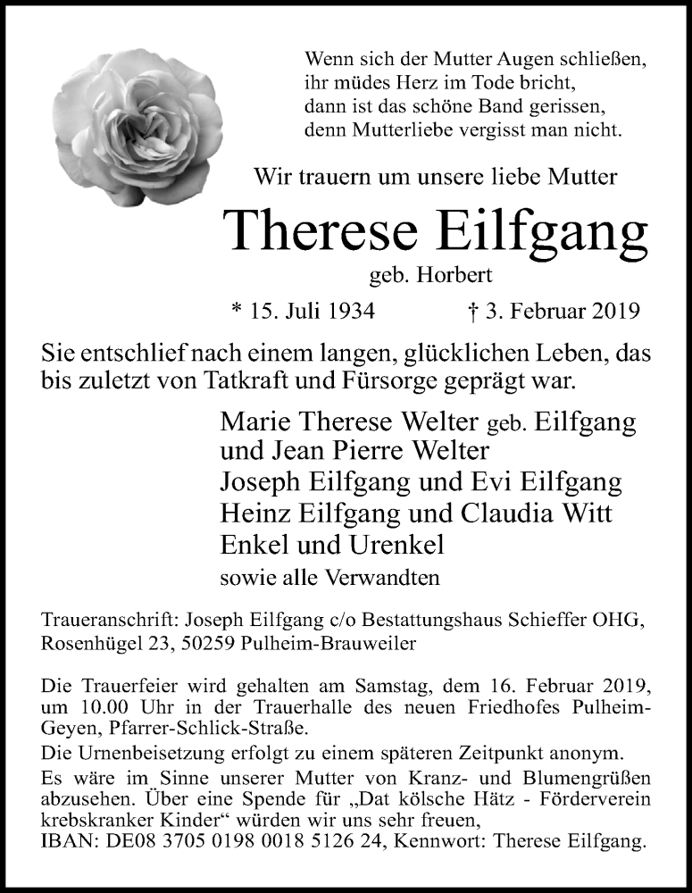  Traueranzeige für Therese Eilfgang vom 09.02.2019 aus Kölner Stadt-Anzeiger / Kölnische Rundschau / Express