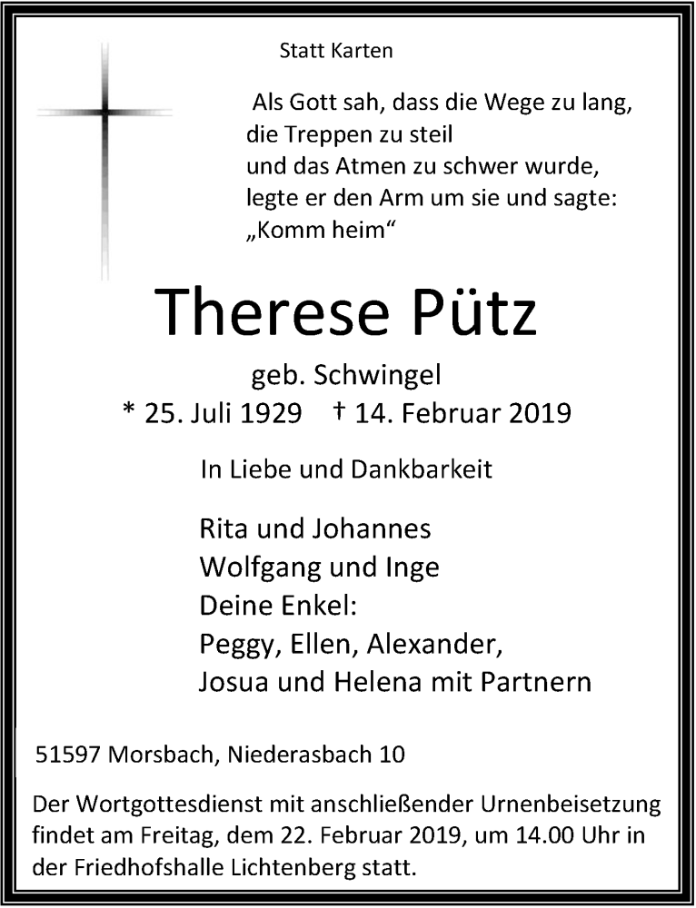  Traueranzeige für Therese Pütz vom 20.02.2019 aus  Lokalanzeiger 