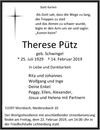 Anzeige von Therese Pütz von  Lokalanzeiger 