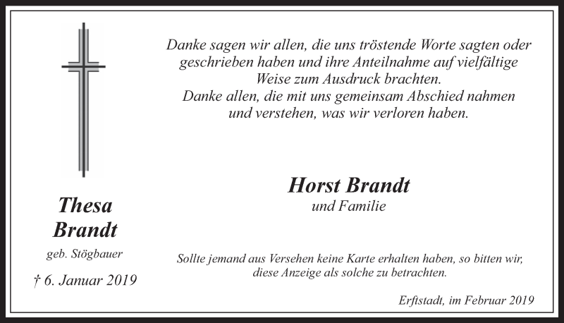  Traueranzeige für Thesa Brandt vom 06.02.2019 aus  Werbepost 