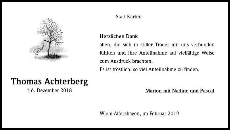 Traueranzeige für Thomas Achterberg vom 23.02.2019 aus Kölner Stadt-Anzeiger / Kölnische Rundschau / Express