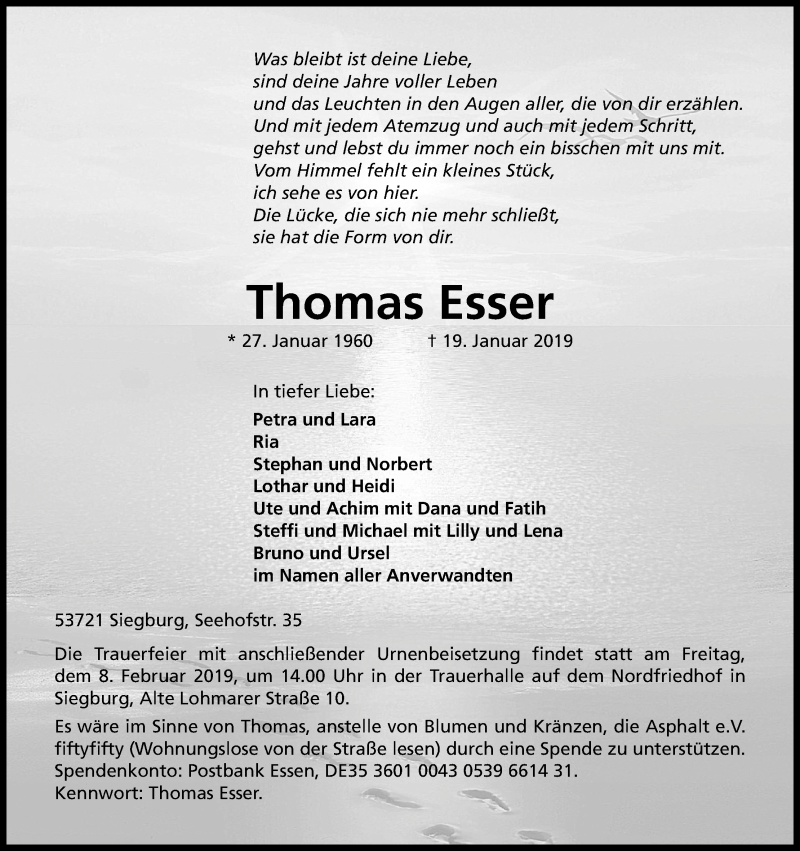  Traueranzeige für Thomas Esser vom 02.02.2019 aus Kölner Stadt-Anzeiger / Kölnische Rundschau / Express