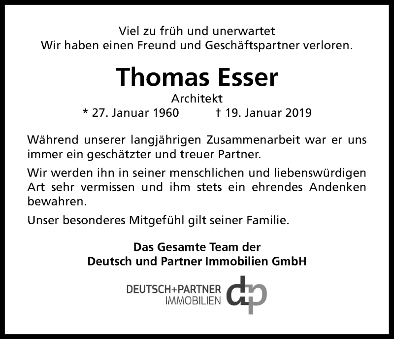  Traueranzeige für Thomas Esser vom 02.02.2019 aus Kölner Stadt-Anzeiger / Kölnische Rundschau / Express