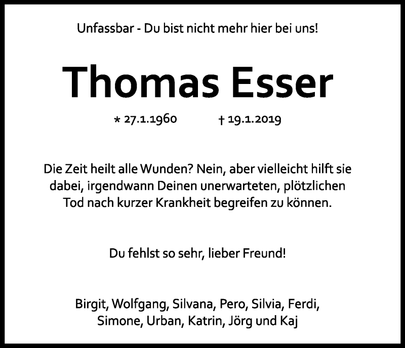  Traueranzeige für Thomas Esser vom 02.02.2019 aus Kölner Stadt-Anzeiger / Kölnische Rundschau / Express