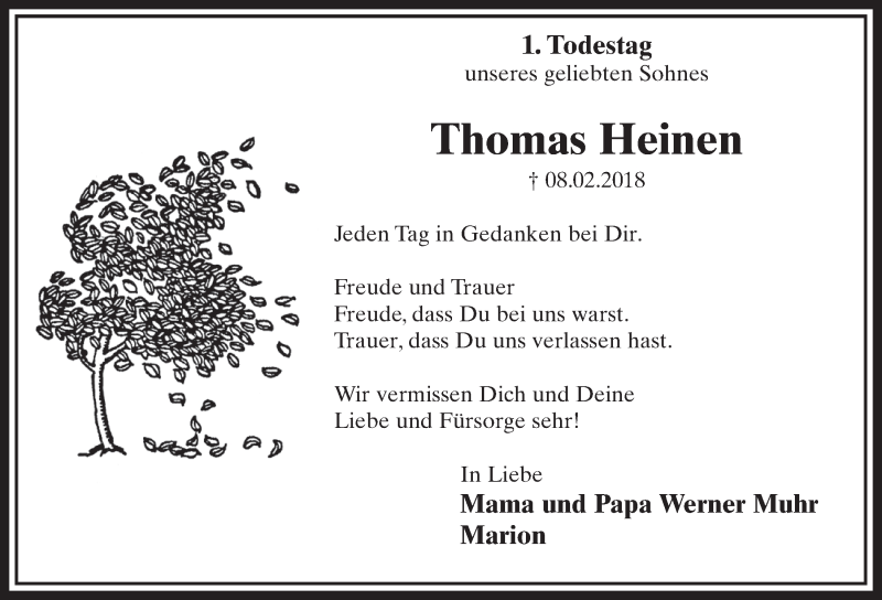  Traueranzeige für Thomas Heinen vom 09.02.2019 aus  Sonntags-Post 