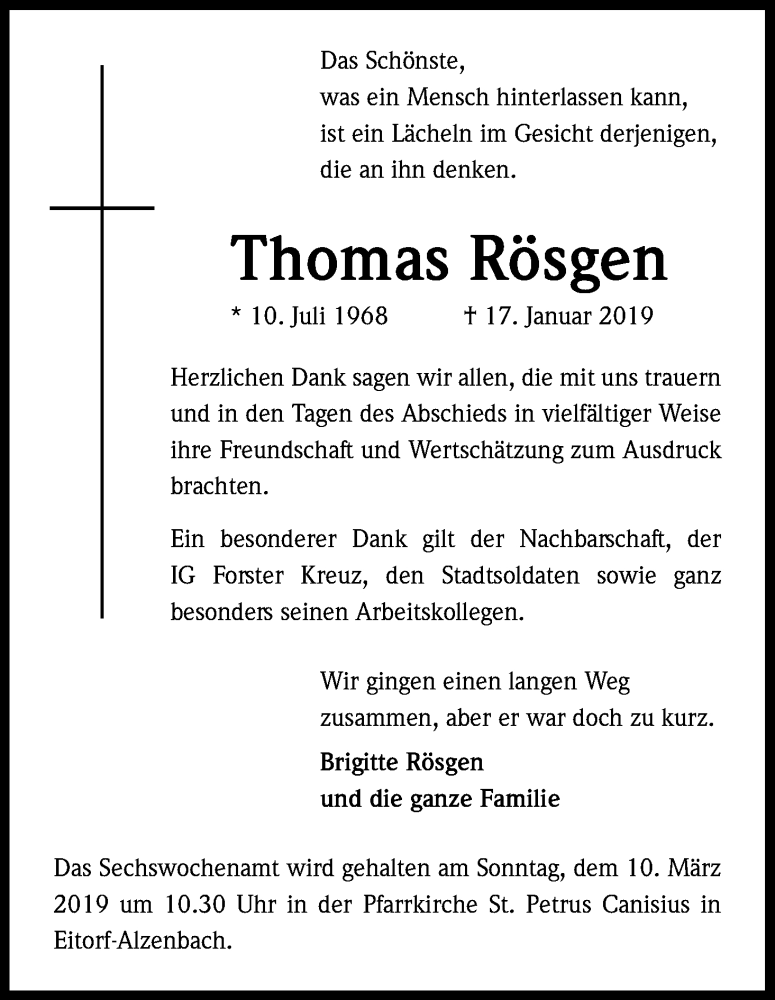  Traueranzeige für Thomas Rösgen vom 16.02.2019 aus Kölner Stadt-Anzeiger / Kölnische Rundschau / Express