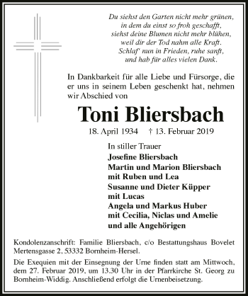 Anzeige von Toni Bliersbach von  Schaufenster/Blickpunkt  Schlossbote/Werbekurier 