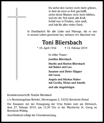 Anzeige von Toni Bliersbach von Kölner Stadt-Anzeiger / Kölnische Rundschau / Express