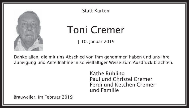  Traueranzeige für Toni Cremer vom 13.02.2019 aus  Wochenende 