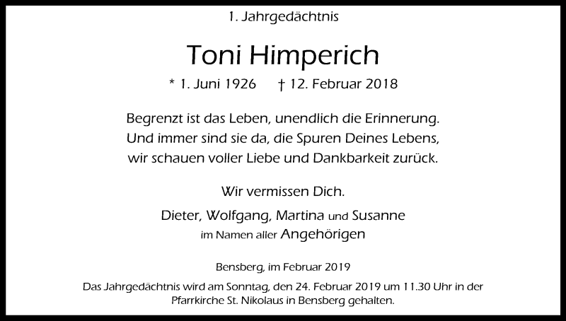  Traueranzeige für Toni Himperich vom 16.02.2019 aus Kölner Stadt-Anzeiger / Kölnische Rundschau / Express
