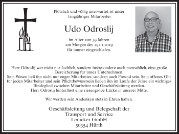 Anzeige von Udo Odroslij von  Sonntags-Post 