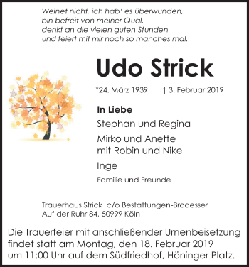 Anzeige von Udo Strick von Kölner Stadt-Anzeiger / Kölnische Rundschau / Express