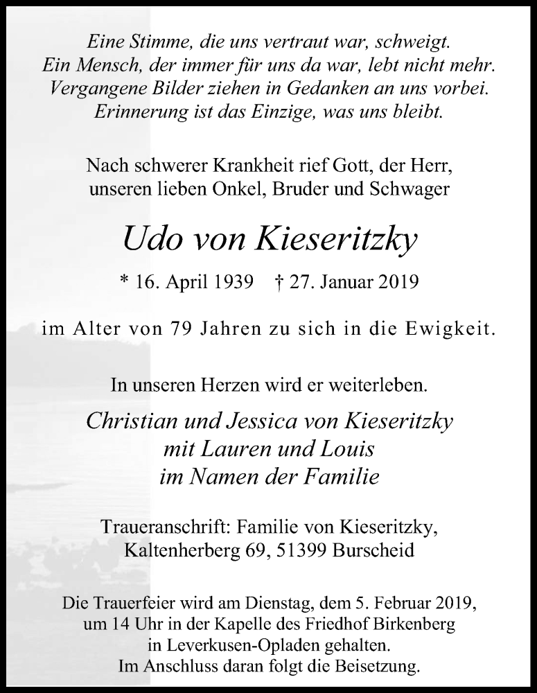  Traueranzeige für Udo von Kieseritzky vom 02.02.2019 aus Kölner Stadt-Anzeiger / Kölnische Rundschau / Express