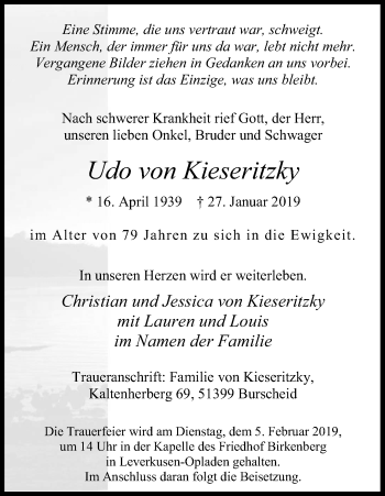Anzeige von Udo von Kieseritzky von Kölner Stadt-Anzeiger / Kölnische Rundschau / Express