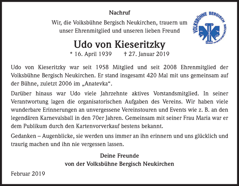  Traueranzeige für Udo von Kieseritzky vom 02.02.2019 aus Kölner Stadt-Anzeiger / Kölnische Rundschau / Express