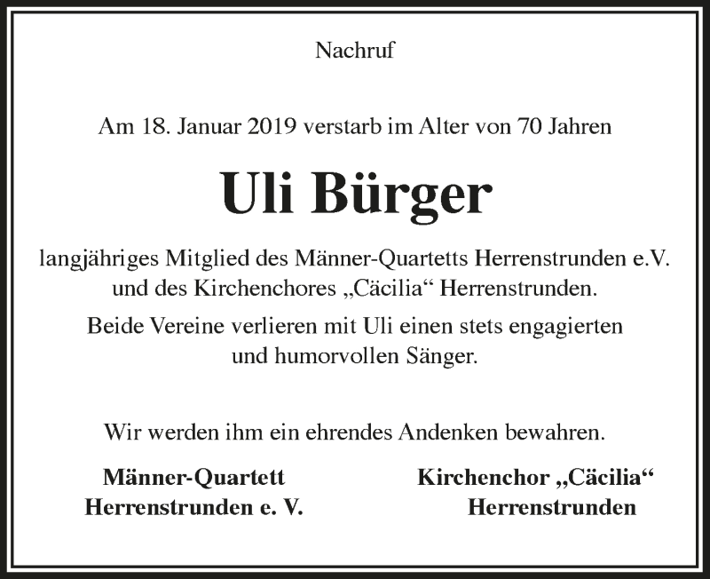  Traueranzeige für Uli Bürger vom 06.02.2019 aus  Bergisches Handelsblatt 