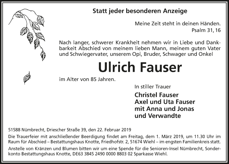 Traueranzeige für Ulrich Fauser vom 27.02.2019 aus  Lokalanzeiger 