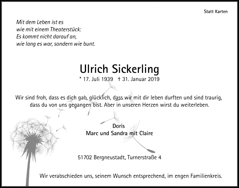  Traueranzeige für Ulrich Sickerling vom 06.02.2019 aus  Anzeigen Echo 