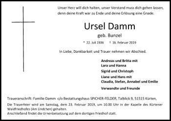 Anzeige von Ursel Damm von Kölner Stadt-Anzeiger / Kölnische Rundschau / Express