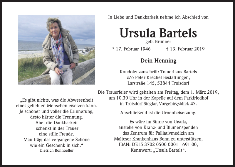  Traueranzeige für Ursula Bartels vom 16.02.2019 aus Kölner Stadt-Anzeiger / Kölnische Rundschau / Express