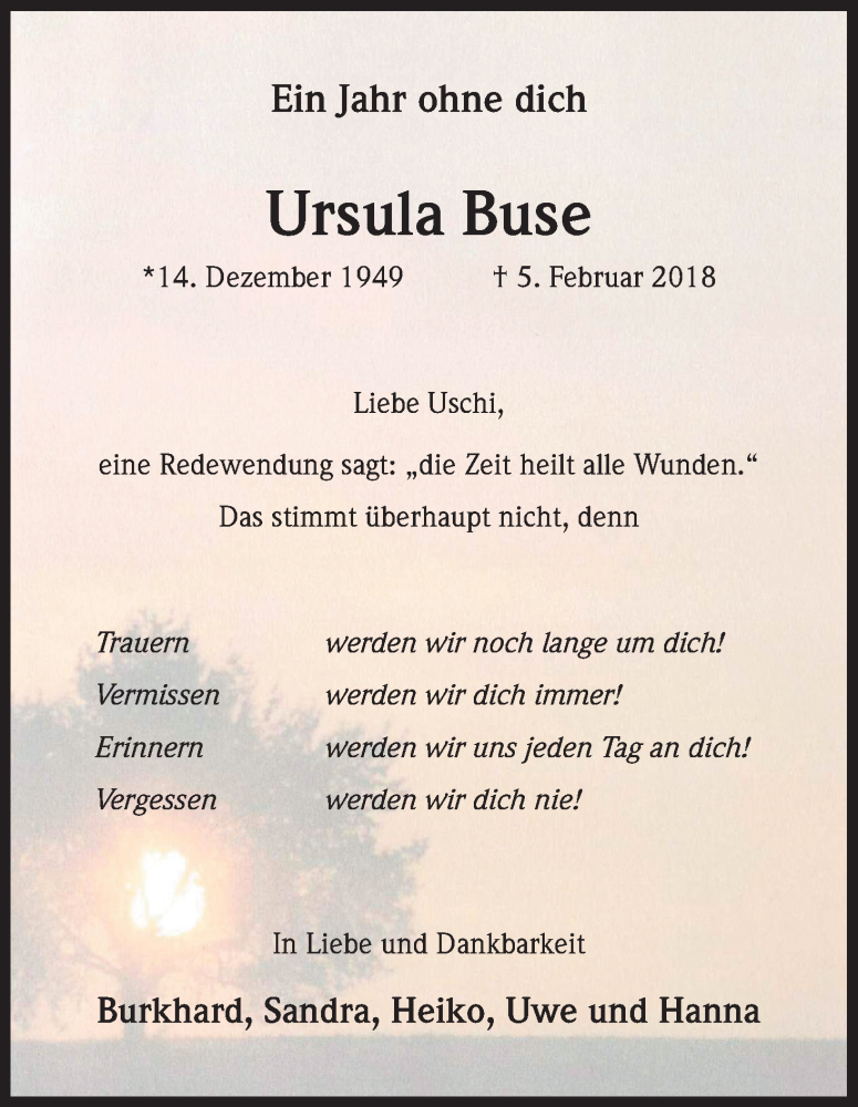  Traueranzeige für Ursula Buse vom 05.02.2019 aus Kölner Stadt-Anzeiger / Kölnische Rundschau / Express