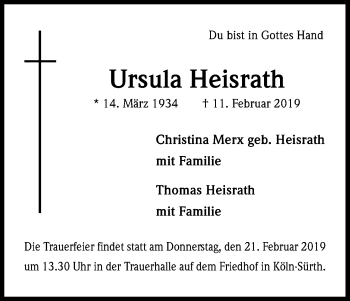 Anzeige von Ursula Heisrath von Kölner Stadt-Anzeiger / Kölnische Rundschau / Express