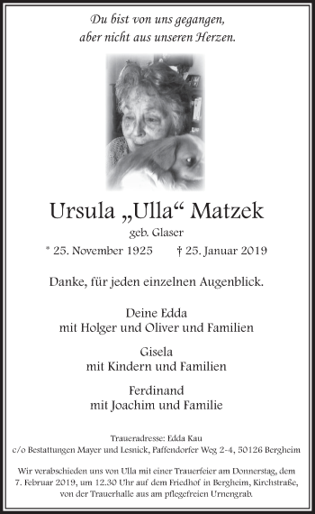 Anzeige von Ursula Matzek von  Sonntags-Post 