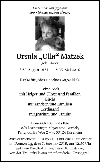 Anzeige von Ursula Matzek von Kölner Stadt-Anzeiger / Kölnische Rundschau / Express