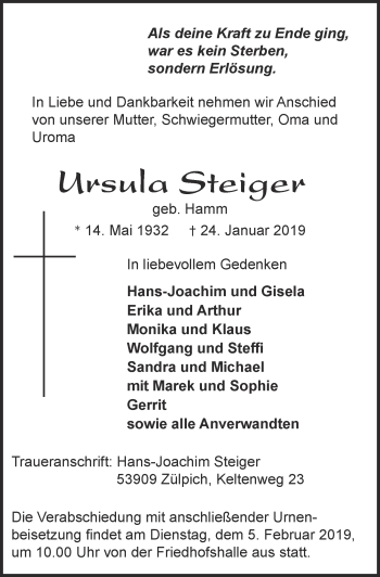 Anzeige von Ursula Steiger von  Blickpunkt Euskirchen 