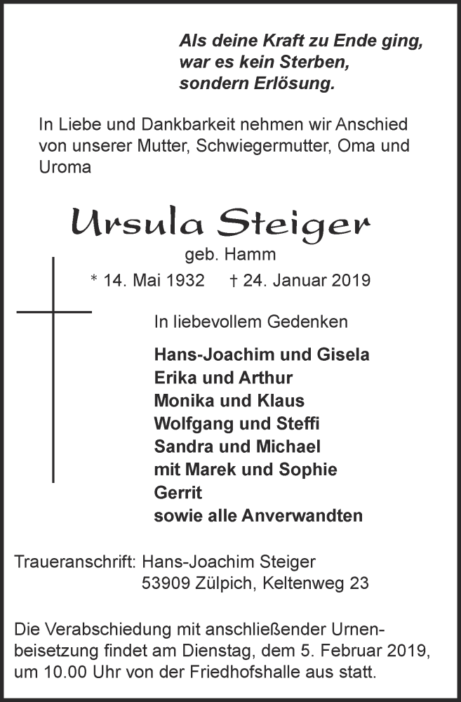  Traueranzeige für Ursula Steiger vom 02.02.2019 aus  Blickpunkt Euskirchen 