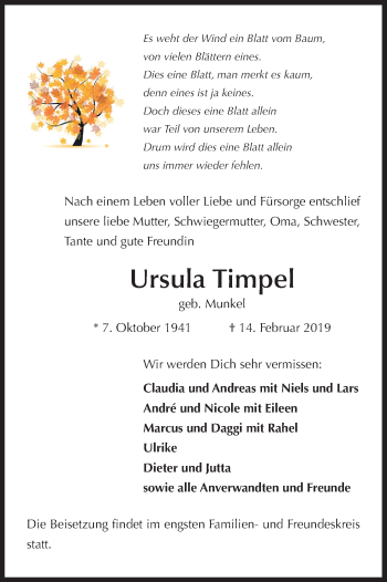 Anzeige von Ursula Timpel von Kölner Stadt-Anzeiger / Kölnische Rundschau / Express