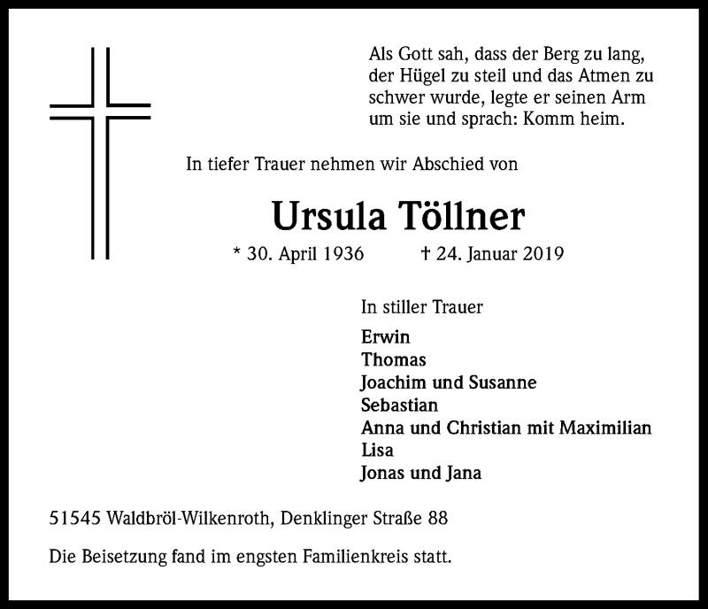  Traueranzeige für Ursula Töllner vom 06.02.2019 aus Kölner Stadt-Anzeiger / Kölnische Rundschau / Express