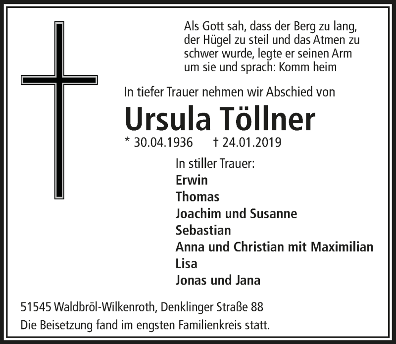  Traueranzeige für Ursula Töllner vom 06.02.2019 aus  Lokalanzeiger 