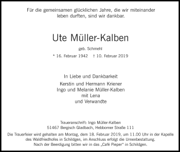 Anzeige von Ute Müller-Kalben von Kölner Stadt-Anzeiger / Kölnische Rundschau / Express
