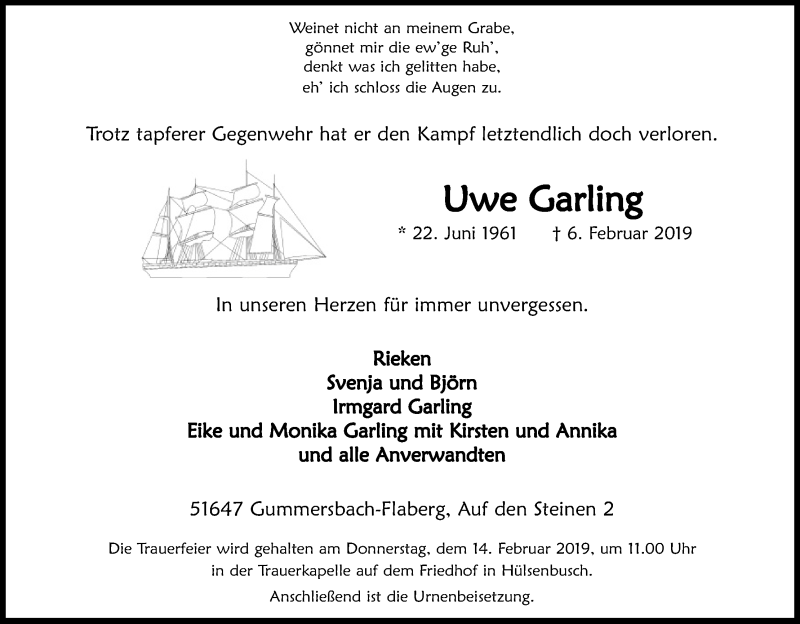  Traueranzeige für Uwe Garling vom 09.02.2019 aus Kölner Stadt-Anzeiger / Kölnische Rundschau / Express