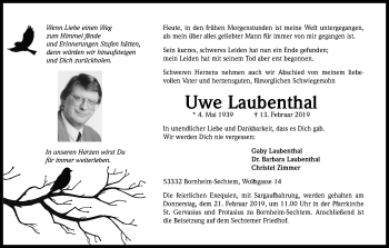 Anzeige von Uwe Laubenthal von Kölner Stadt-Anzeiger / Kölnische Rundschau / Express
