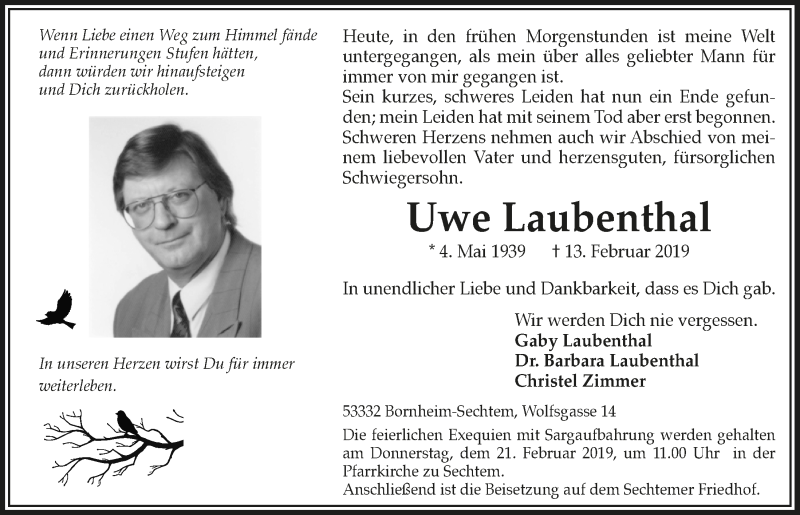  Traueranzeige für Uwe Laubenthal vom 20.02.2019 aus  Schlossbote/Werbekurier 