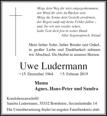 Anzeige von Uwe Ludermann von  Schaufenster/Blickpunkt 