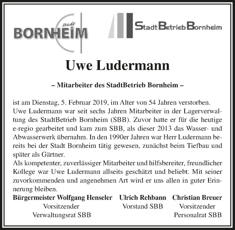  Traueranzeige für Uwe Ludermann vom 16.02.2019 aus  Schaufenster/Blickpunkt am Wochenende 