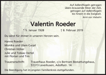 Anzeige von Valentin Roeder von Kölner Stadt-Anzeiger / Kölnische Rundschau / Express