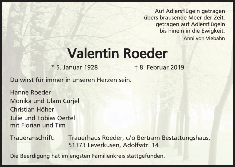  Traueranzeige für Valentin Roeder vom 20.02.2019 aus Kölner Stadt-Anzeiger / Kölnische Rundschau / Express