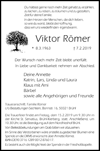Anzeige von Viktor Römer von Kölner Stadt-Anzeiger / Kölnische Rundschau / Express