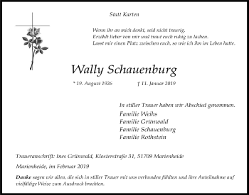 Anzeige von Wally Schauenburg von  Anzeigen Echo 
