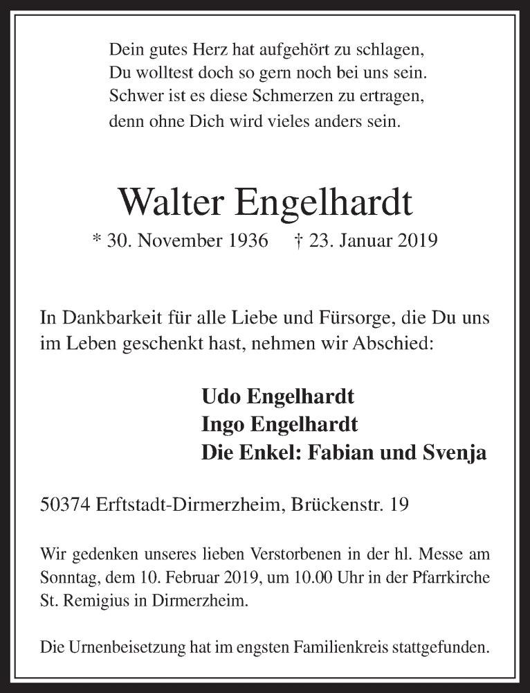  Traueranzeige für Walter Engelhardt vom 06.02.2019 aus  Werbepost 