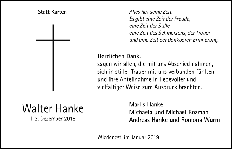  Traueranzeige für Walter Hanke vom 06.02.2019 aus  Anzeigen Echo 