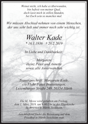 Anzeige von Walter Kade von  Wochenende 