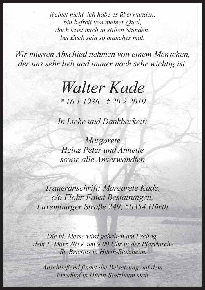  Traueranzeige für Walter Kade vom 27.02.2019 aus  Wochenende 